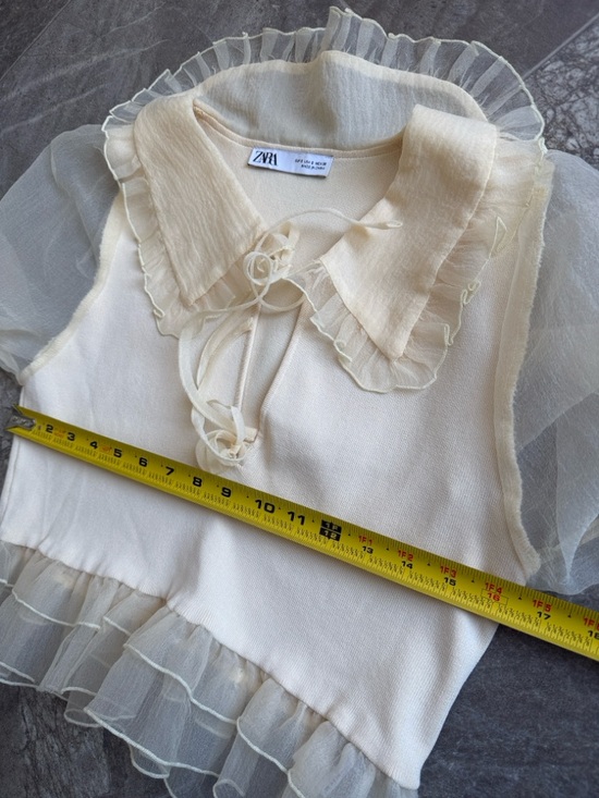 Zara organza knit Sheer Ruffle-Trim Cream Blouse with Tie Neck NWOT Sm - Picture 12 of 16